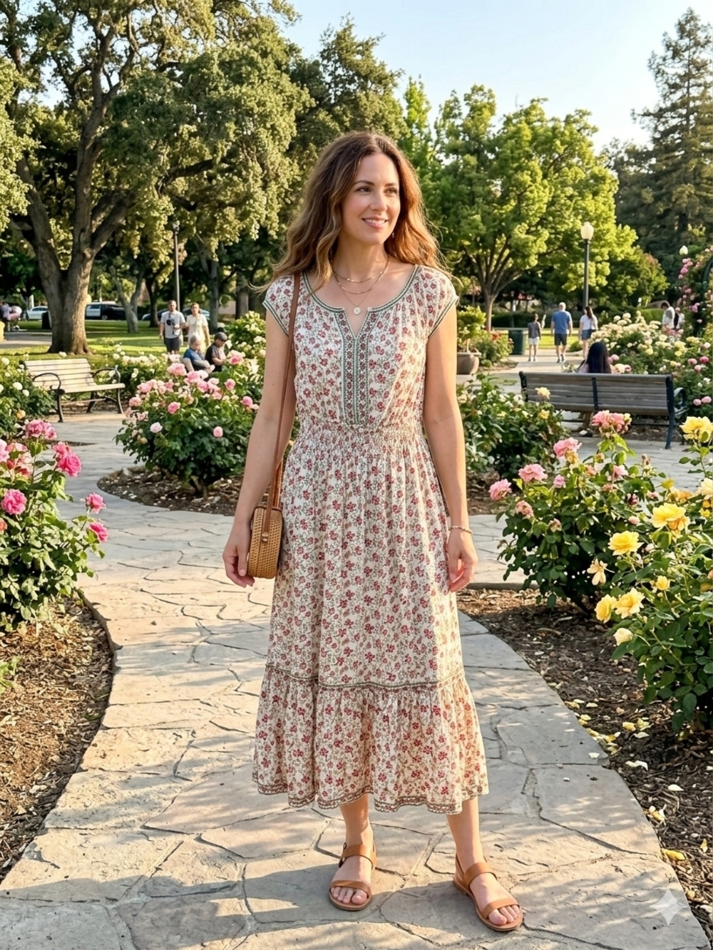 Smocked Floral Midi Dress in Cream and Pink